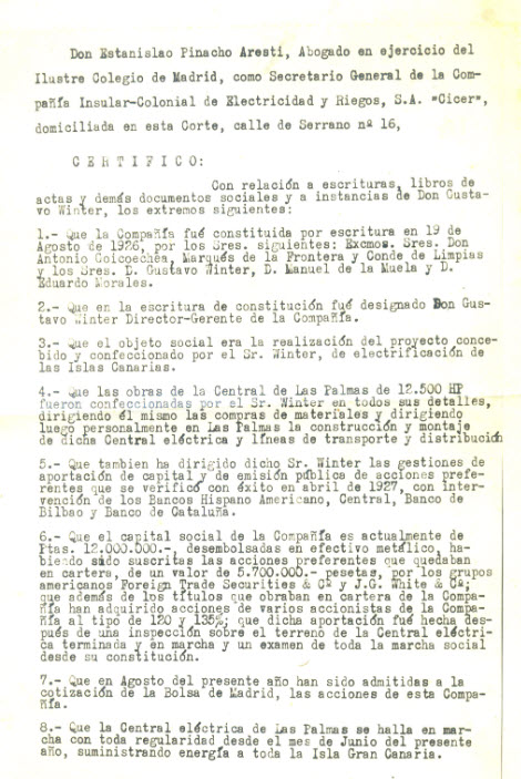 Certificado de las actividades de Gustavo Winter en la CICER (1927-1930)