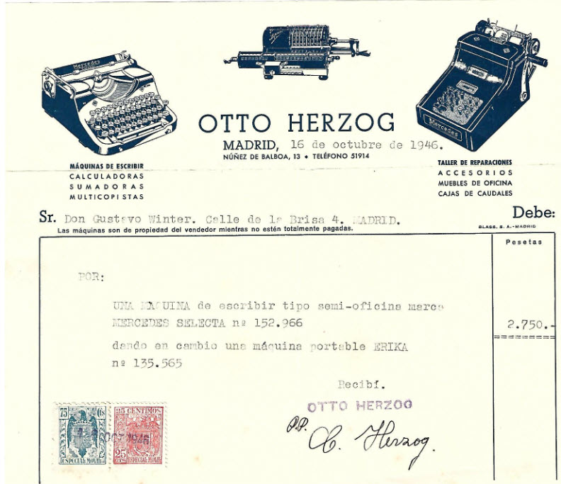 Factura adquisición de una máquina de escribir de semi-oficina el 16 de octubre de1946