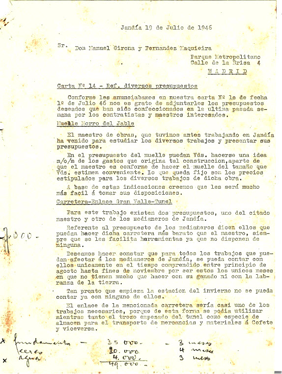 Carta nº 14 - Ref. diversos presupuestos. Jandía 19 de julio de 1946ros de Cofete 