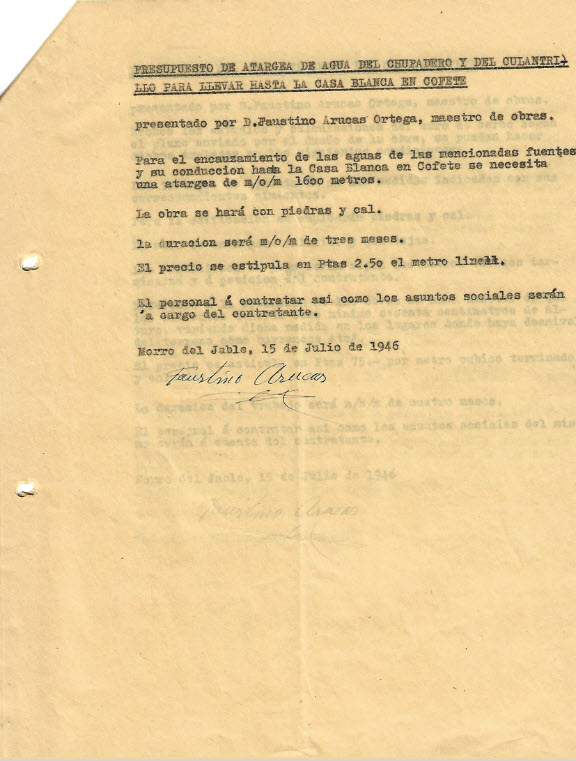 Presupuestos presentados por D. Faustino Arucas el 15 de julio de 1946 