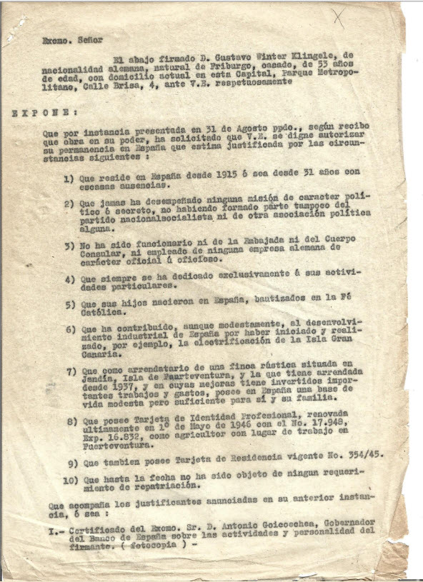 Antrag auf Aufenthaltserlaubnis in Spanien, 7. Oktober 1946