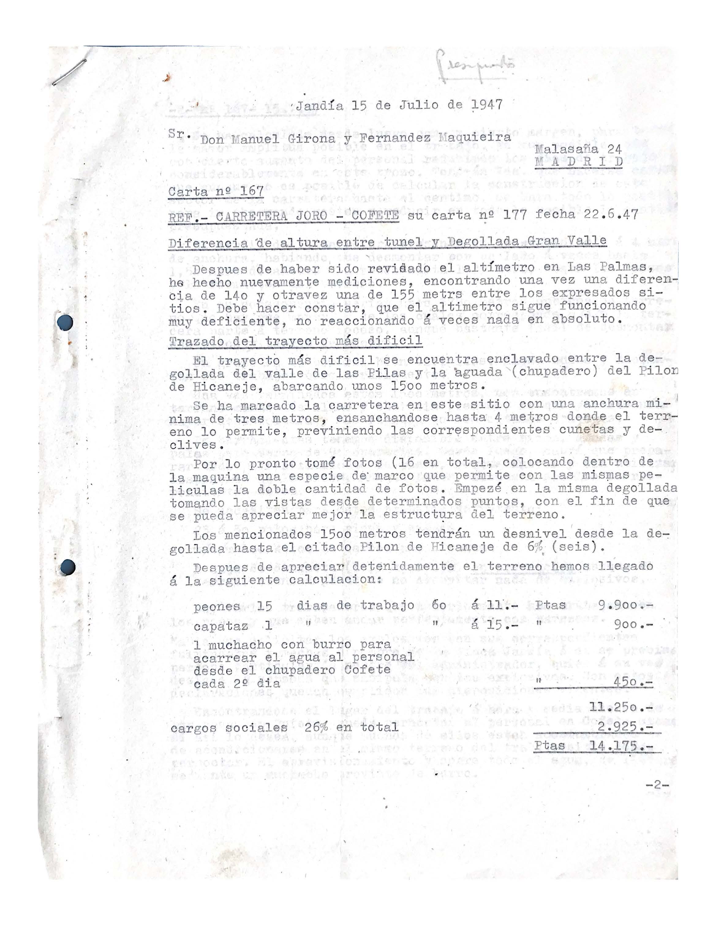 Letter No. 167 - Joros Cofete highway budget - July 15, 1947