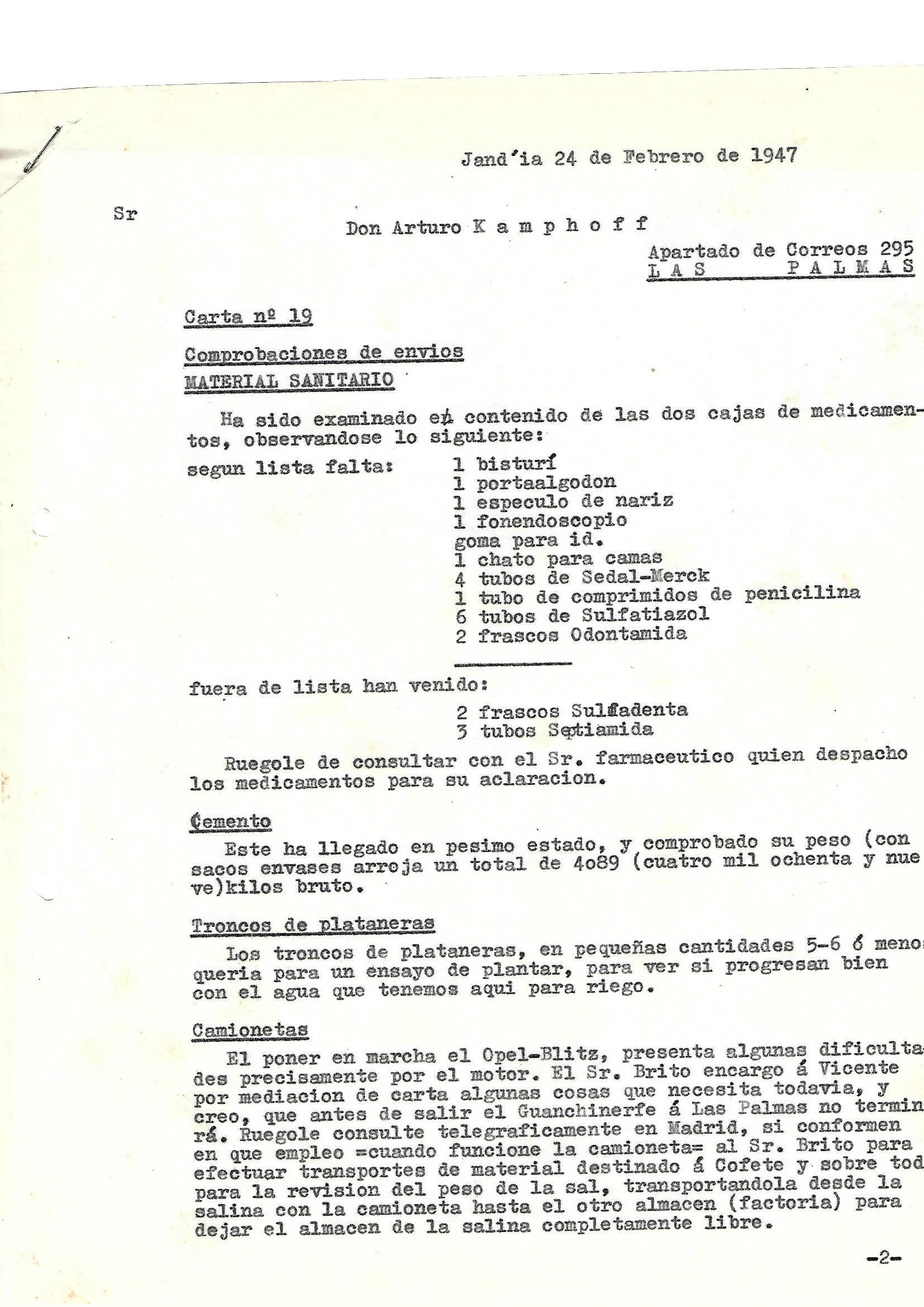 Carta nº 19 de Guillermo Schrauth del 24 de febrero de 1947 sobre la reparación de la camioneta