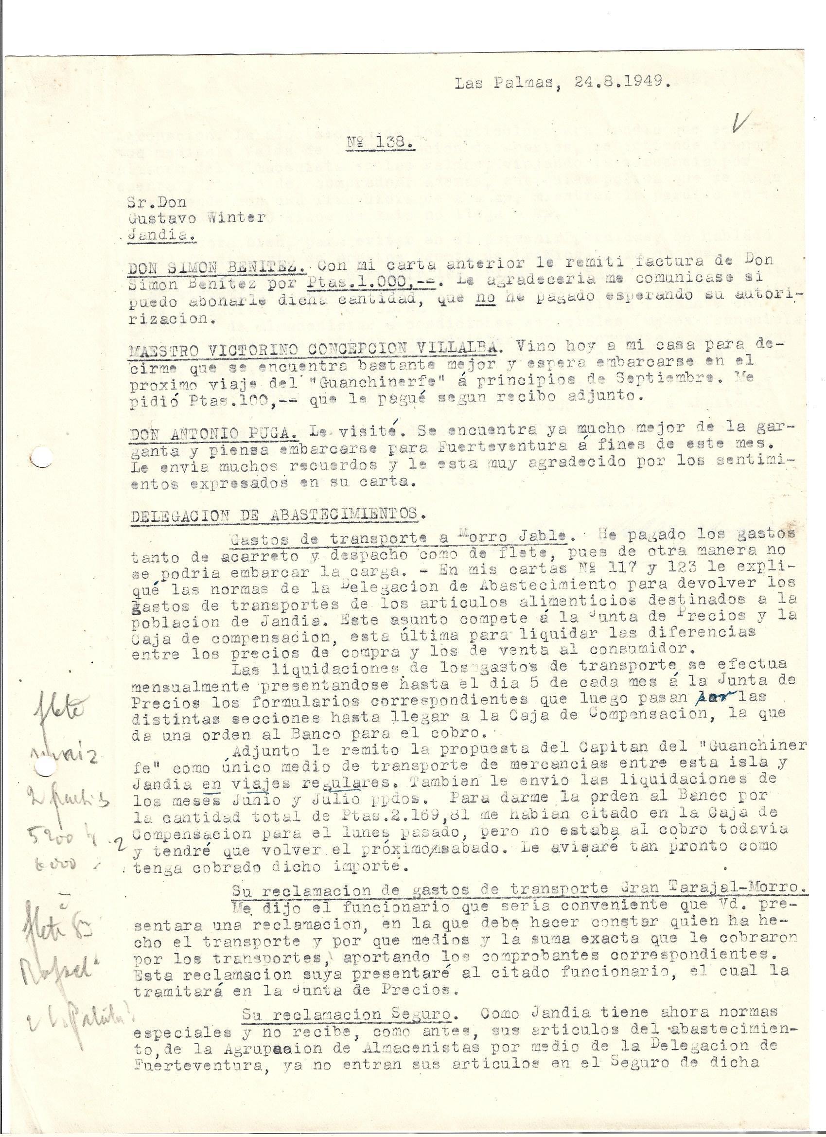 Carta nº138 en la que se hace referencia al Maestro D. Victorino Concepción Villalba en agosto de 1949 