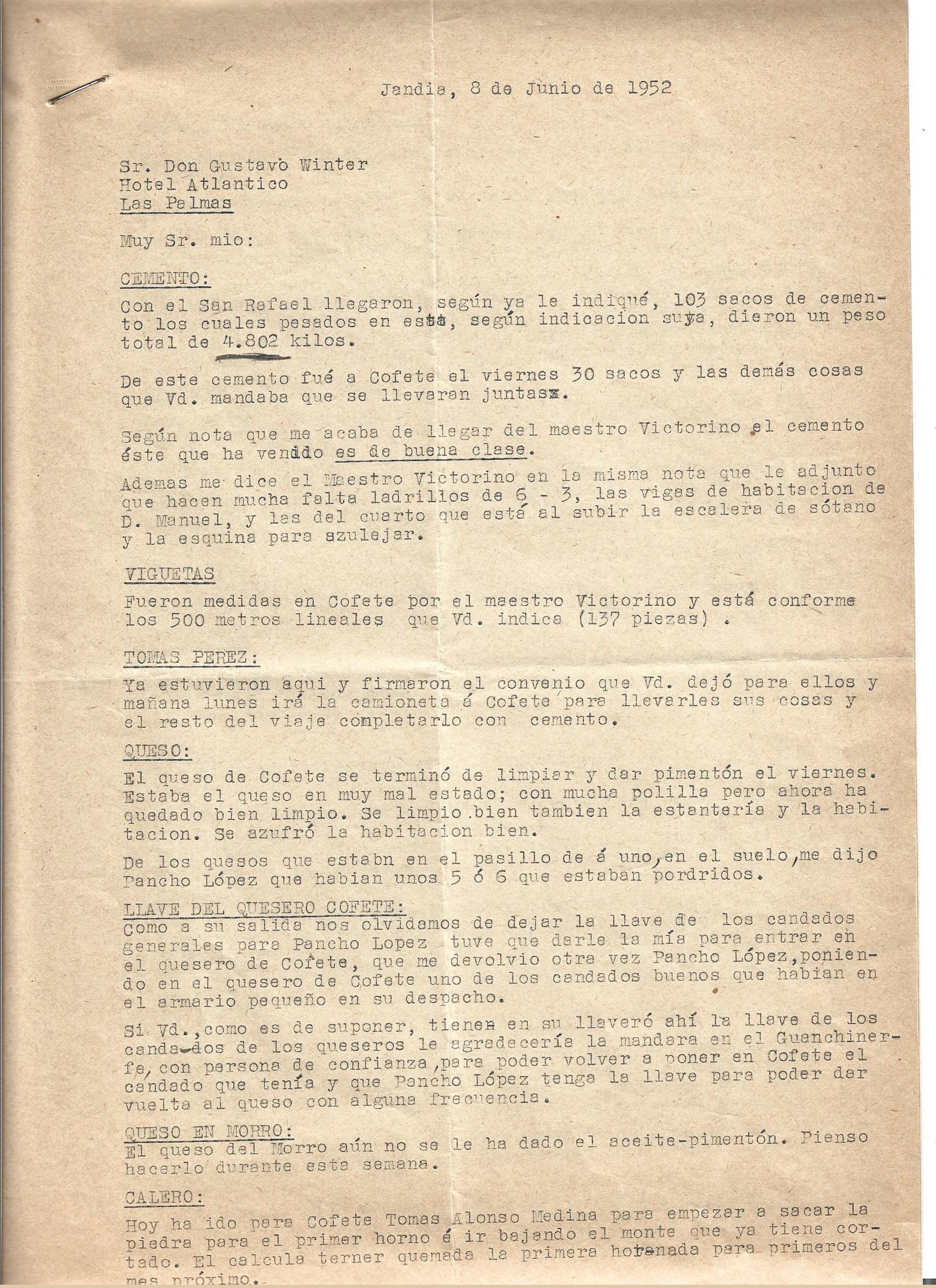 Carta de 1952 menciona notas del Maestro Victorino en relación a la calidad del cemento