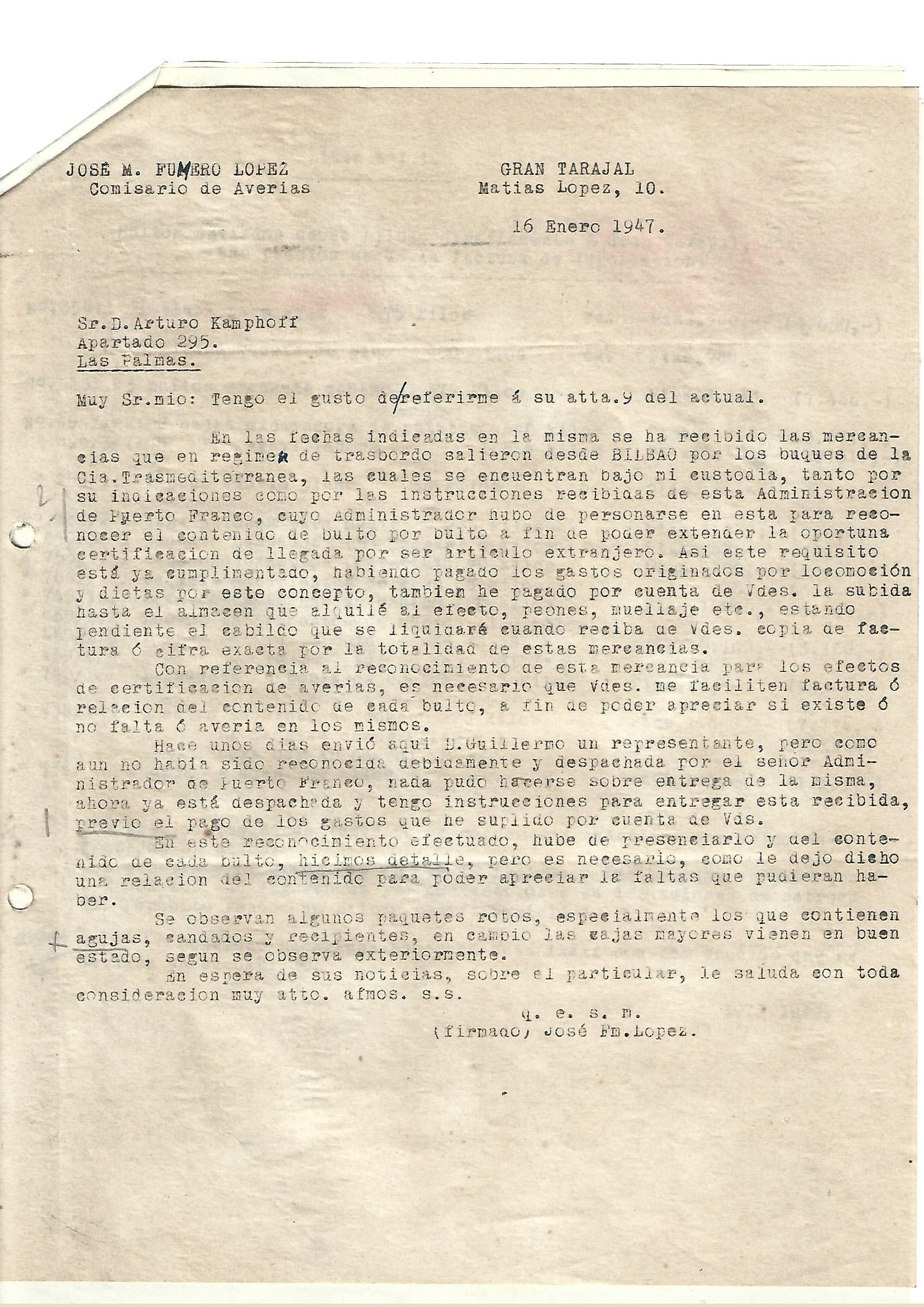 Cartas con referencia 1947-1-2 sobre la llegada de maquinaria y mercancias