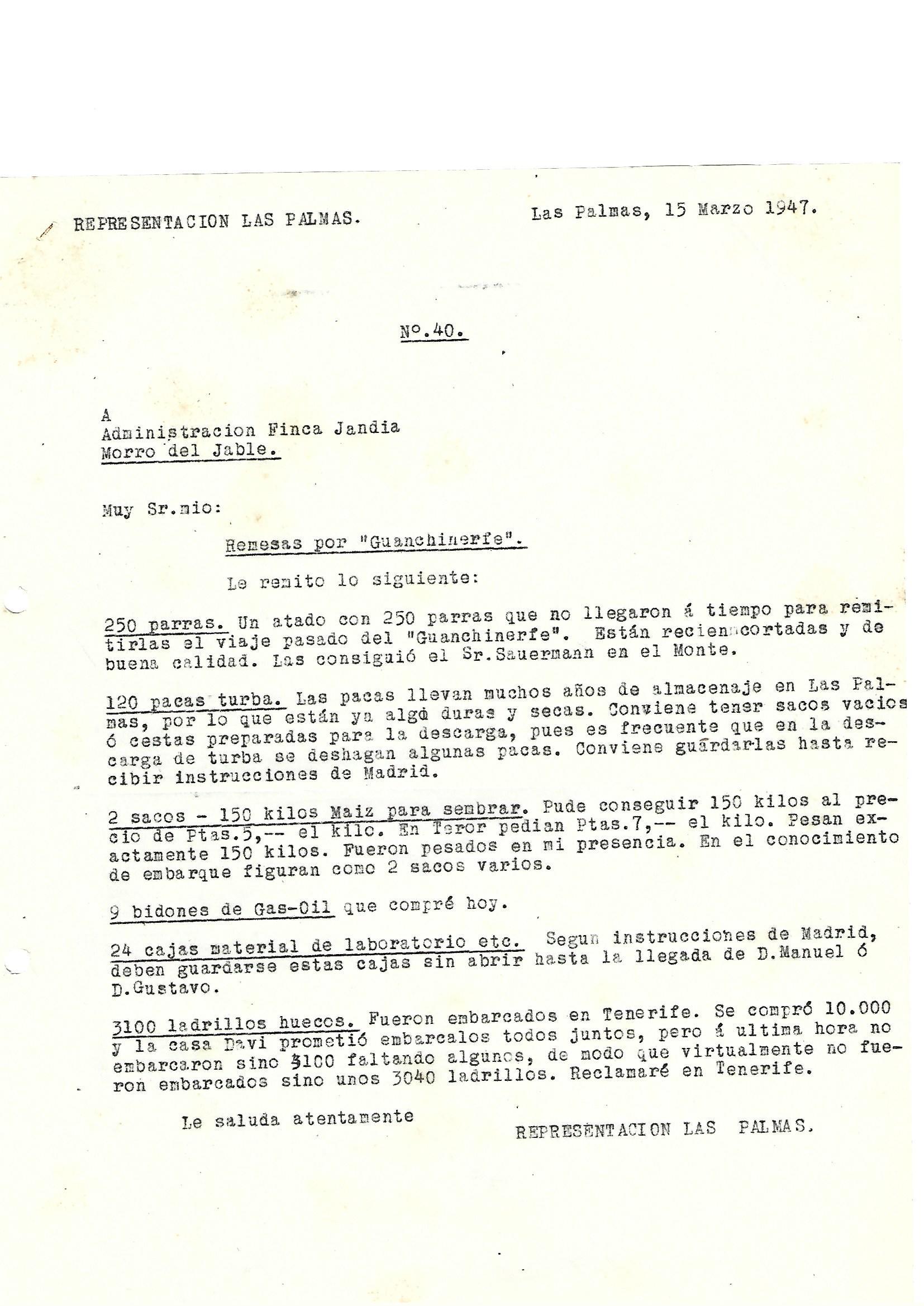 Cartas con referencia 1947-1-3 sobre material de laboratorio, maquinaria agricola, tractores de mano, sanitarios y cristaleria